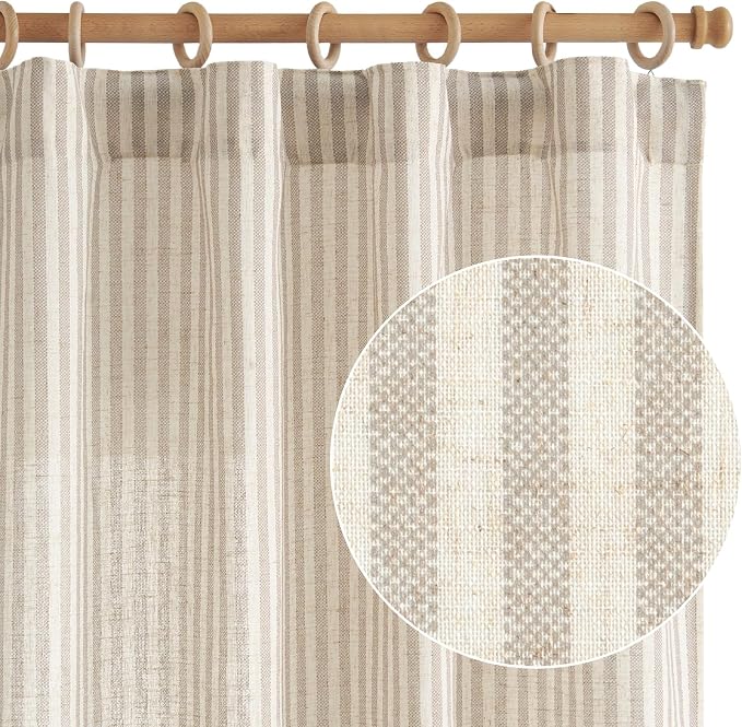 jinchan Linen Curtains 63 Inch Taupe Grey Stripe on Beige Back Tab 2 Panels | Curtains For Living Room Bedroom,Ticking Stripe, Farmhouse Cottage Core Rustic,Rod Pocket Window Treatment,Light Filtering