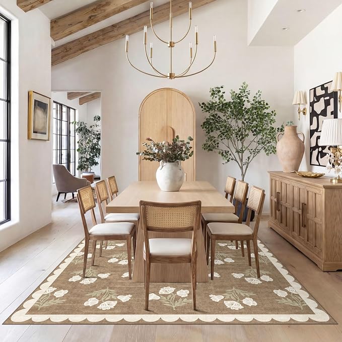 Boho Tan Living Room Rug 6x9 - Soft Washable Floral Neutral Farmhouse Scalloped Bedroom Area Rug Stain Resistant Dining Room Rugs for Under Table Non Slip Rugs for Bedroom Living Room Decor