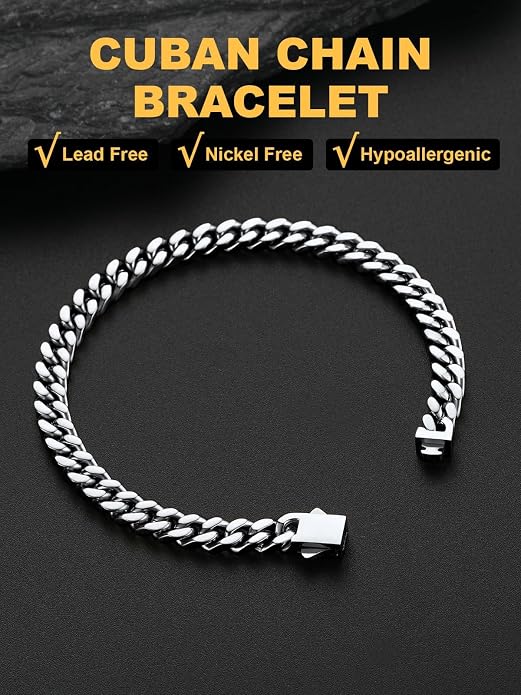 U7 Cuban Link Bracelets for Men Stainless Steel Wrist Bracelet Silver Black Gold Cuban Hand Chain Bracelet for Mens Women, 5/7/9/12mm Width, 7.5/8.3/9 Inch Length Classic Jewelry with Box Packed