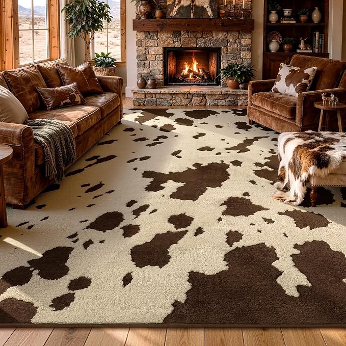 YIHOUSE Cowhide Large Area Rugs 8×10 Ft, Washable Plush Soft Brown and Cream Cow Rug, Non-Slip High-Low Pile Animal Carpet for Living Room, Bedroom, Dining Room, Western Home Decor