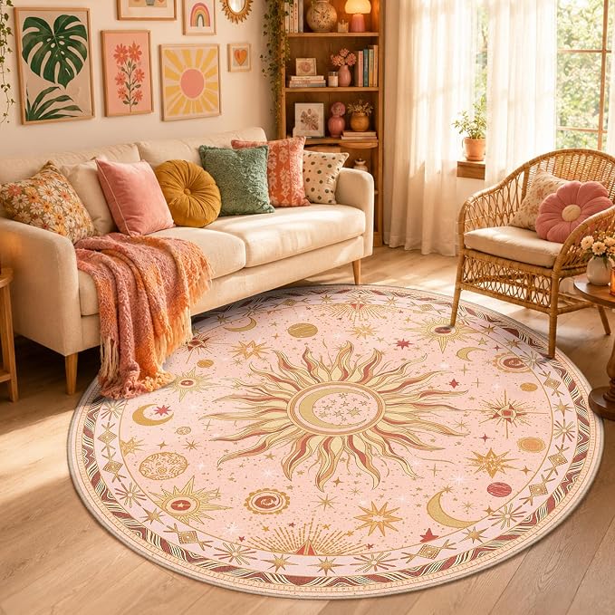 Vacuum-Friendly, Round 6ft Washable Area Rug, Pink Gold Beige Red | Sun and Moon Boho Gothic Non-Slip Low Pile Living Roon Bedroom Dining Room Kitchen Entry Entryway Entrance Hallway Doormat