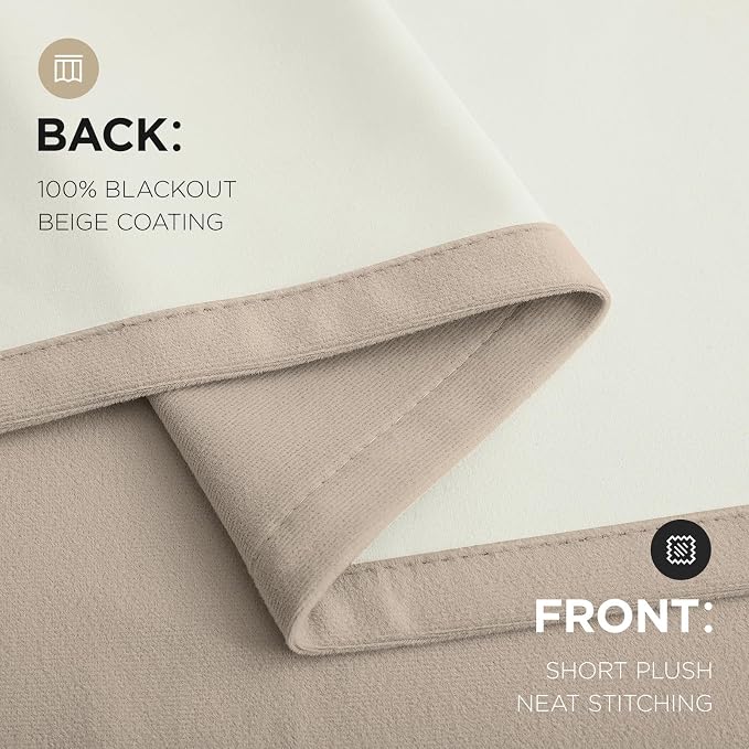 Joydeco 100% Blackout Velvet Curtains Light Beige 96 Inch Back Tab | Luxury Thermal Insulated Velvet Curtains for Bedroom Living Room, Soundproof Blackout Window Drapes