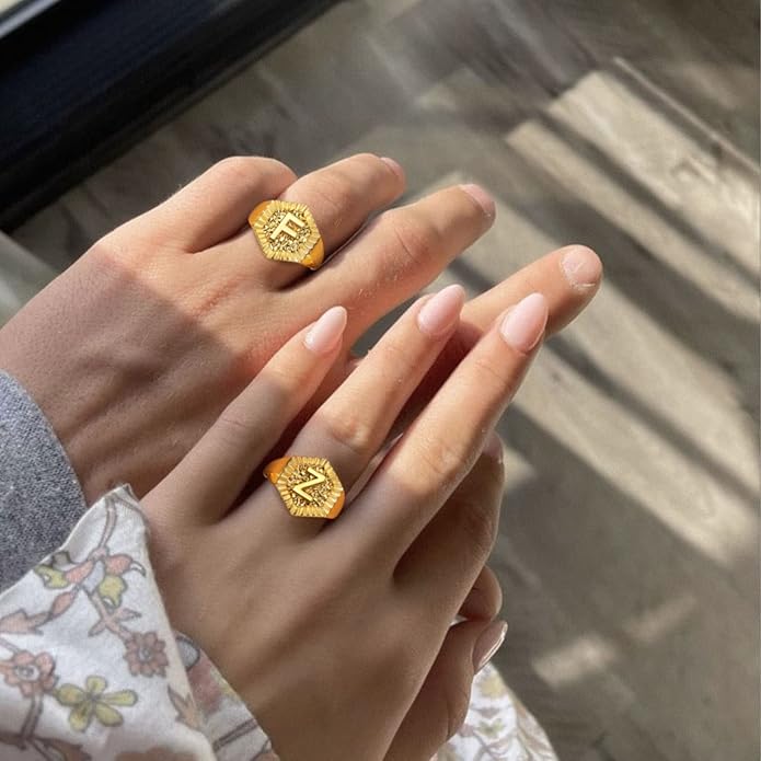 KeyStyle Bold Initial Letter Rings Adjustable, GoldChic Jewelry Women Gold Statement Ring Personalized Engraved Women’s Open Signet Ring for Party (Gold, White Gold, Black)