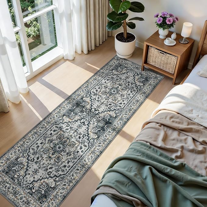 Joydeco Washable 2x6 Hallway Runner Vintage, White&Light Gray&Dark Gray | Water Resistant Low Pile Non Slip Backing for Kitchen Entryway Bedroom Bathroom Dining Room