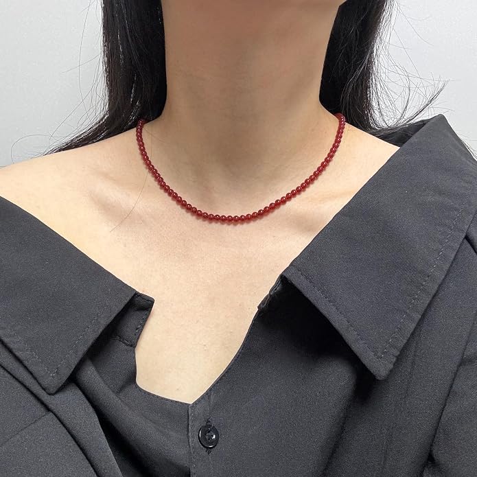 Kakikaki Natural Agate Choker Necklace Sterling Silver Round Beads Strand Necklace for Women