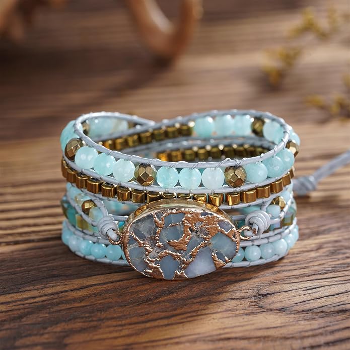Plumiss Women Boho Handmade Natural Stone Crystal Leather Bead Wrap Bracelets Collection