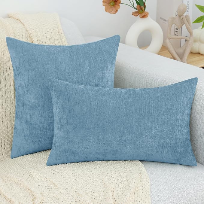 decorUhome Soft Chenille Grey Blue Throw Pillow Covers 20X20 Set of 2 | Decorative Fall Couch Pillow Covers Solid Dyed Accent Modern Farmhouse Neutral Square Pillow Cases for Sofa