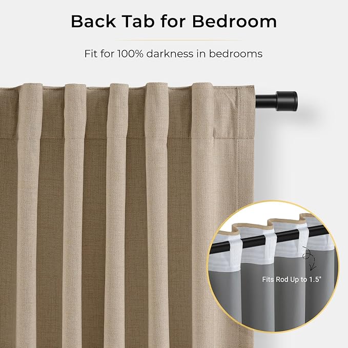 INOVADAY 100% Blackout Curtains for Bedroom, Taupe Black Out Curtains 80 Inch Long, Clip Rings Linen Blackout Drapes, Thermal Insulated Room Darkening for Living Room, 2 Panels - W50xL80
