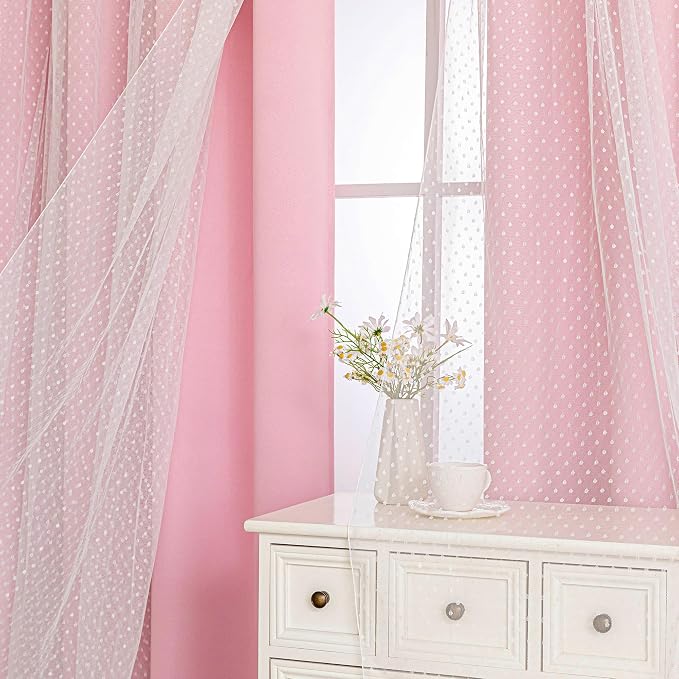 MYSKY HOME Light Pink Blackout Curtains for Girls Bedroom 84 Inches Long with Polka Dots Sheer Overlay Baby Pink Nursery Kids Room Drapes, Grommet Tops, 52" Wide, 2 Panels