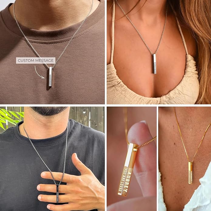 Personalized 3D Vertical Bar Necklace, Custom Necklace Engraved with Any Name Pendant Jewelry Mothers Day Gift