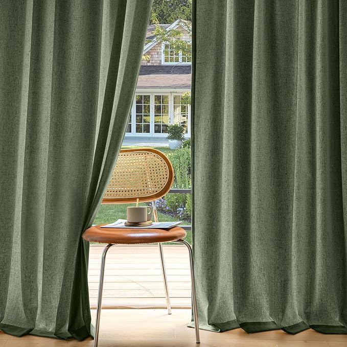 MIULEE Non-See-Through Privacy Linen Curtains 52W x 90L Inch Dark Green | 2 Panels, Light Filtering, Semi Sheer Window Curtains, Farmhouse Textured, Back Tab Drapes for Bedroom Living Room