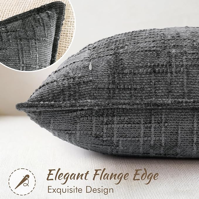 decorUhome Chenille Throw Pillow Covers 12x20 Set of 2,Dark Grey | Soft Texture, Slubby Modern Design, Flange Edges, Cozy Lumbar Accent Pillow Covers for Couch, Sofa, Bed, Living Room