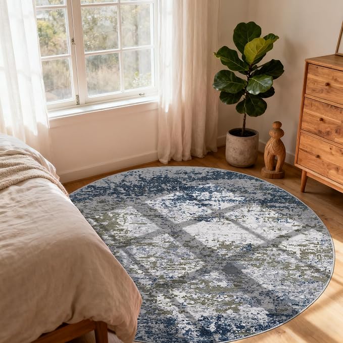 ROYHOME Modern Abstract 8x8 Round Area Rug Non Slip Non Shedding Rug Low Pile Stain Resistant for Bedroom Living Room Office Dining Room,Navy