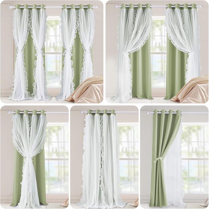 PONY DANCE 100% Blackout Curtains for Girl's Bedroom, Double Layer Grommet Curtain 84 inch Long with Sheer Overlay for Living Room, Nursery Kids Toddler Room Decor, Light Sage, 52" W x 84" L, 2 Panels