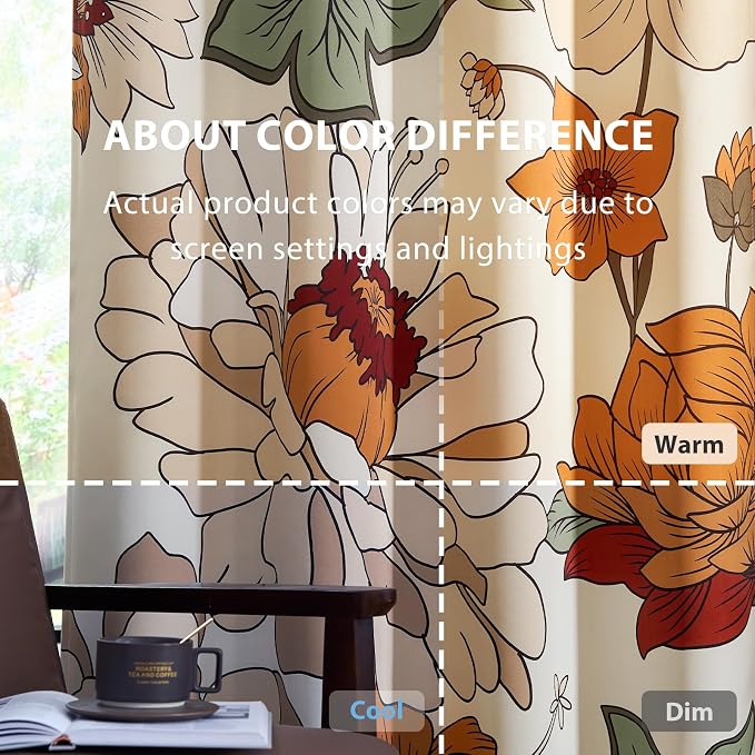 jinchan Beige Boho Floral Blackout Curtains 108 Inch Grommet 2 Panels | Room darkening, Vintage, living room, bedroom, privacy, floral print, flower pattern, fall decor, window treatments