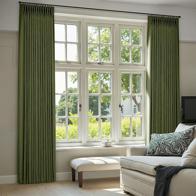 Olive Green Pleated Linen Curtains 120 Inches Long for Living Dining Room Bedroom Light Filtering Boho Window Drapes 2 Panels with Hooks Rings Clips Sliding Glass Door Semi Sheer Curtain Pinch Pleat