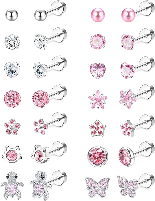 LOYALLOOK 14Pairs Hypoallergenic Screwback Earrings for Women Girls Tiny CZ Pearl Ball Heart Flower Screw Back Earring Studs 316L Stainless Steel Stud Earrings Flatback 20G Over 3 Years Old