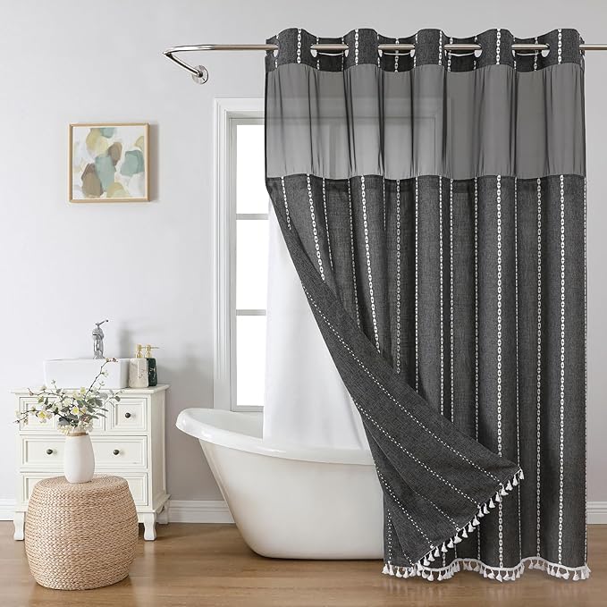 eachope No Hook Extra Long Shower Curtain Set with Snap-in Liner,Linen Textured Thick Striped Fabric with Tassels,Boho Chic Modern Farmhouse Bathroom Curtain,Water-Repellent,Charcoal Grey,71x86