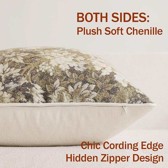 DEZENE Pack of 2 Vintage Floral Throw Pillow Covers 16x16 Boho Farmhouse Accents Chenille Square Decorative Pillow Cases for Living Room Couch Bed Home Decor, Beige