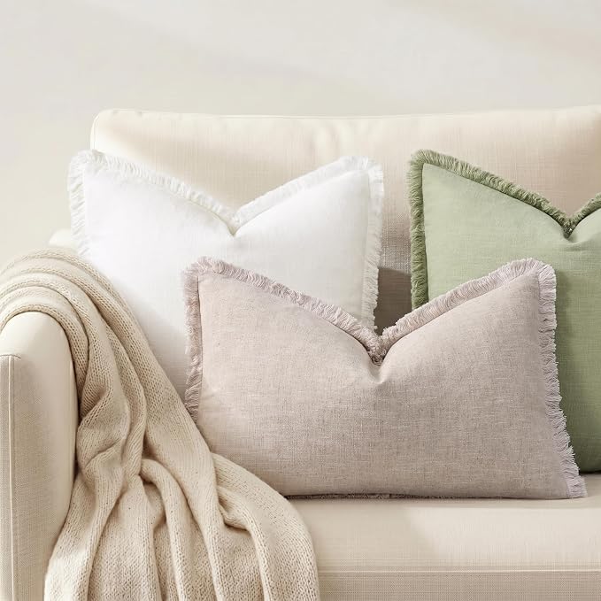 decorUhome Linen Fringe Natural Beige Throw Pillow Covers 12x20 Set of 2 | Decorative Soft Accent Modern Boho Farmhouse Lumbar Cushion Covers with Tassels Cotton Pillow Covers for Couch Bed Sofa