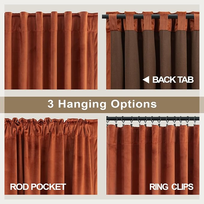 Terracotta Velvet Curtains 84 Inch Length 2 Panels Set Back Tab Luxury Boho Blackout Curtain for Living Room Bedroom Thermal Insulated Soft Window Drapes Brick Rust Orange Bohemian Fall Decor 7FT Long