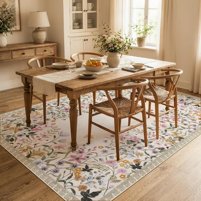 Wonnitar 5x7 Area Rug for Living Room, Floral Washable Rug for Bedroom, Boho Botanical Nursery Rug, Non Slip Soft Farmhouse Carpet, Beige Kids Playroom Decor (5x7 Beige)
