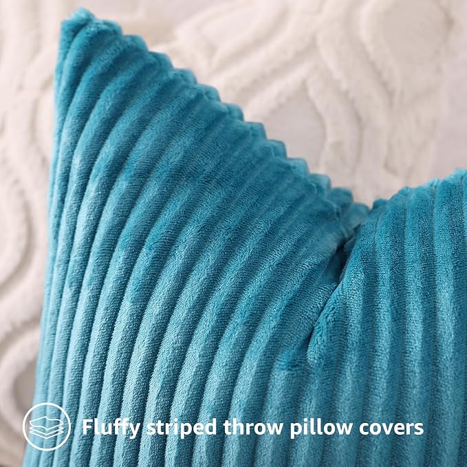 decorUhome Flannel Neutral Teal Throw Pillow Covers 20X20 Set of 4 | Decorative Fall Soft Fluffy Striped Double-Sided Couch Pillow Covers, Modern Farmhouse Pillow Cases for Sofa bed Home Decor