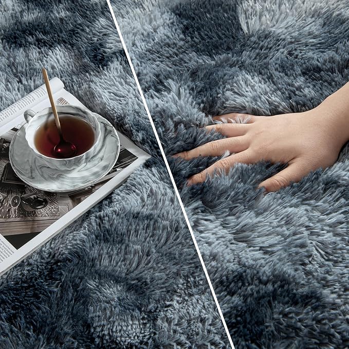 Deerhoo Large Shag Area Rugs 6 x 9, Tie-Dyed Plush Fuzzy Rugs for Living Room, Ultra Soft Fluffy Furry Rug for Bedroom, Indoor Carpet Nursery Rugs for Kids Room Home Decor, Blue and Grey