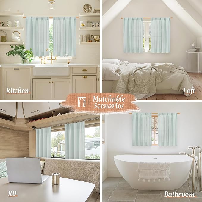LAMIT Bedroom Linen Curtains 45 Inch Long, Light Filtering Neutral Window Curtains Farmhouse Boho Rod Pocket Room Decor Panels for Small Window/Living Room, 2 Panels, 42 x 45 Inch, Light Blue