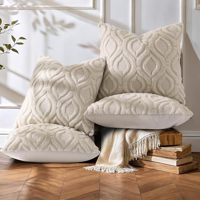 decorUhome Beige Faux Fur Soft Throw Pillow Covers 18x18 Set of 4 | Fall Neutral Decorative Plush Couch Pillow Covers, Accent Modern Farmhouse Neutral Pillow Cases for Sofa Bed Living Room