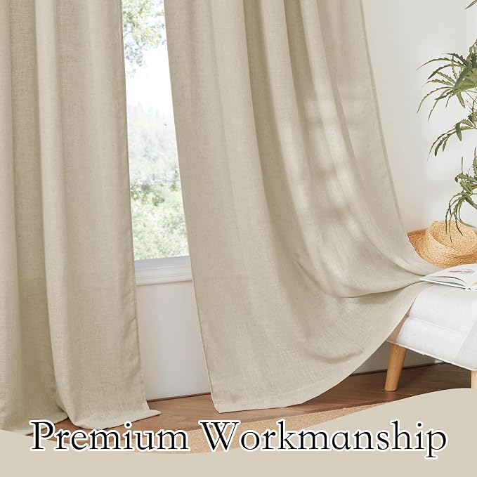 RYB HOME Linen Curtains 63 inch Length - Premium Flax Linen Material Soft Airy Breathable Semi Sheer Half Privacy Protected for Bathroom Girls Boys Bedroom Nursery, W 52 x L 63 inch, 2 Panels, Beige