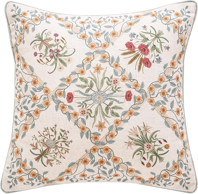 ISAENNE Vintage Elegant Linen Throw Pillow Cover,18"x18"-Serenity A | Designer French Square Pillow Cover,Concealed Zipper Design,Floral Pattern,Sofa,Bedroom,Living Room,Lounge Chairs