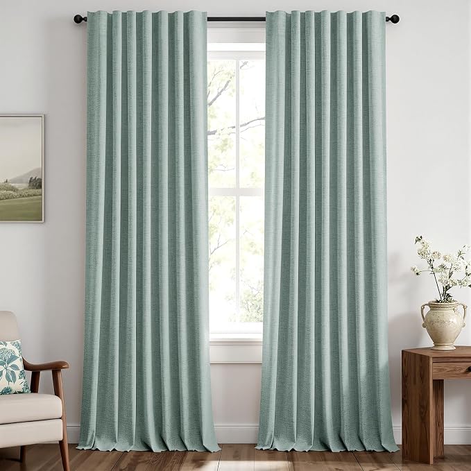 MIULEE 100% Blackout Linen Curtains 42 x 96 Inch Seafoam Green 2 Panels | Thermal Insulated, Room Darkening Drapes for Bedroom Living Room, Back Tab Rod Pocket Pinch Pleated, Solid Luxury Decor
