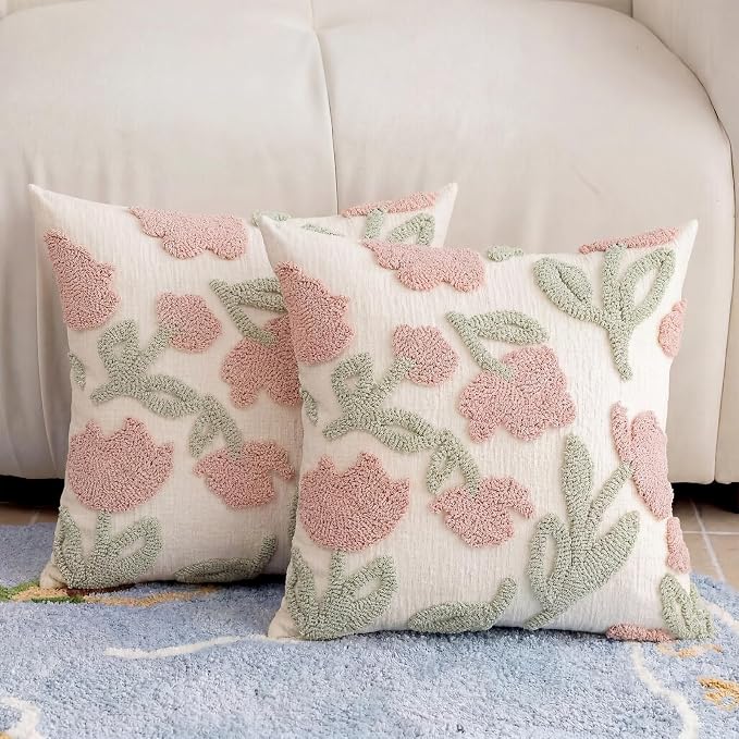 Premium Chenille Embroidered Throw Pillow Covers 18x18 Set of 2, Thick 3D Tufted Pink Floral Decorative Cushion Covers with Hidden Zipper for Couch Sofa Bed Living Room Boho Home Decor