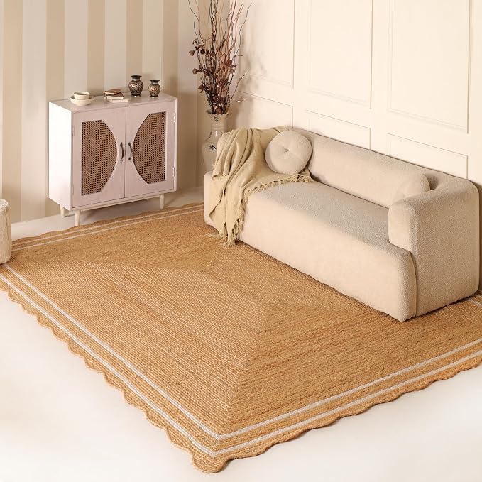 Natural Scalloped Wave 8'x10' Jute Area Rug Handwoven Braided Living Room