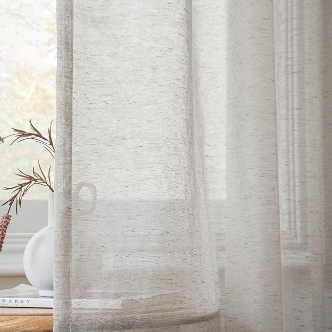 FMFUNCTEX Grey Flax Linen Sheer Curtains 84 Inch Long Rod Pocket 2 Panels | Semi Sheer Window Drapes Grey for Bedroom and Living Room, Farmhouse French Window Curtain Privacy