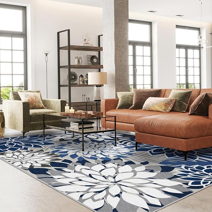 4x6 Outdoor Area Rug Washable Multicolored Patio Rug Tropical Botanical Floral Chenille Waterproof Outdoor Carpet for Living Room, Deck, Backyard, Porch, Blue