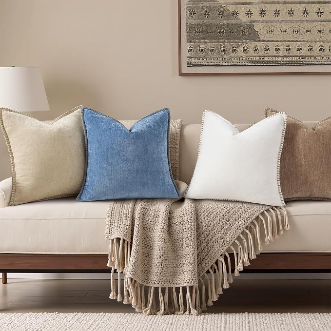decorUhome Soft Chenille Throw Pillow Covers 20x20 Set of 2 Brown | Fall Textured Decorative Throw Pillow Cases Stitched Edge Modern Farmhouse Luxury Boho Velvet for Couch Sofa Bed Home Decor