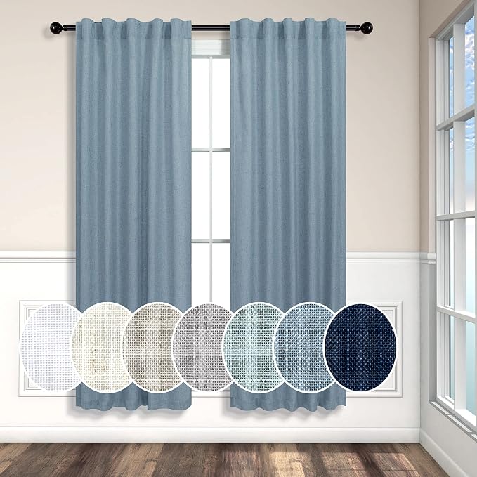 Blue Curtains 38 Inch Width for Kitchen Door 2 Panels Back Tab Rod Pocket Semi Sheer Linen Skinny Light Blue Small Curtain for Bedroom Laundry Bathroom Side Windows Country Farmhouse Wide 38x63 Length