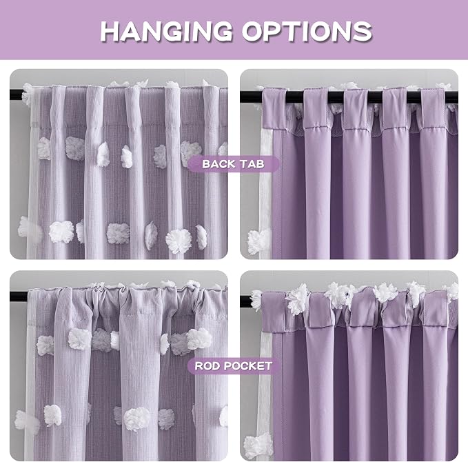 MYSKY HOME Lilac Curtains for Girls Bedroom Nursery Curtain with White Pom Pom Sheer Window Drapes Back Tab Room Darkening Double Layer 63 Inches Length 2 Panels, Light Purple, W52 X L63
