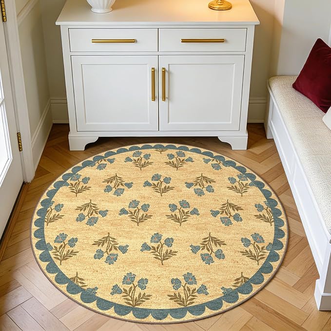 3ft Entryway Round Rug - 3x3 Small Washable Floral Boho Farmhouse Scalloped Round Bedroom Rug Non Slip Front Door Mat Indoor Stain Resistant Jute-Look Circle Rugs for Bedroom Entryway Kitchen