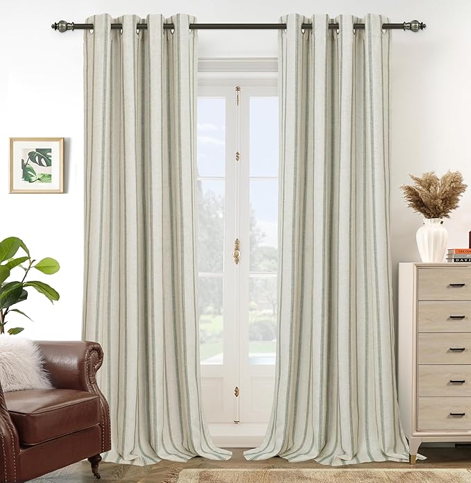DriftAway Farmhouse Stripe Blackout Curtains, Grommet, W52xL90, Loden Green | Blackout, Linen Texture, Stripe Pattern, Rod Pocket & Back Tab, Two Layers, Bedroom Living Room Use, Sound Reducing Design