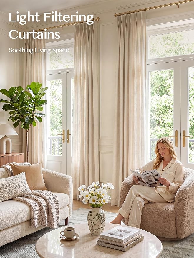 Liz Pinch Pleated Linen Curtains 92 Inches Long - Light Filtering Curtains for Living Room, Semi Sheer Window Curtains for Bedroom, Luxury Pinch Pleated Drapes with Hooks, Natural, 2 Panels Set