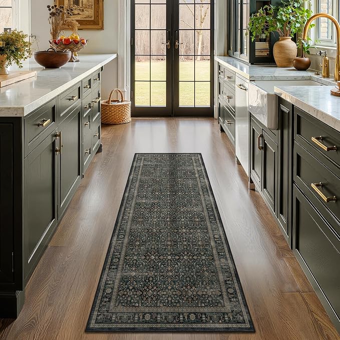 Dark Teal 2x6 Rug Runners for Hallways Non Slip, Washable Runner for Kitchen Floor 6ft, Vintage Moroccan Floral Trellis Carpet Runners for Bathroom/Bedroom Bedside/Entryway/Laundry Room
