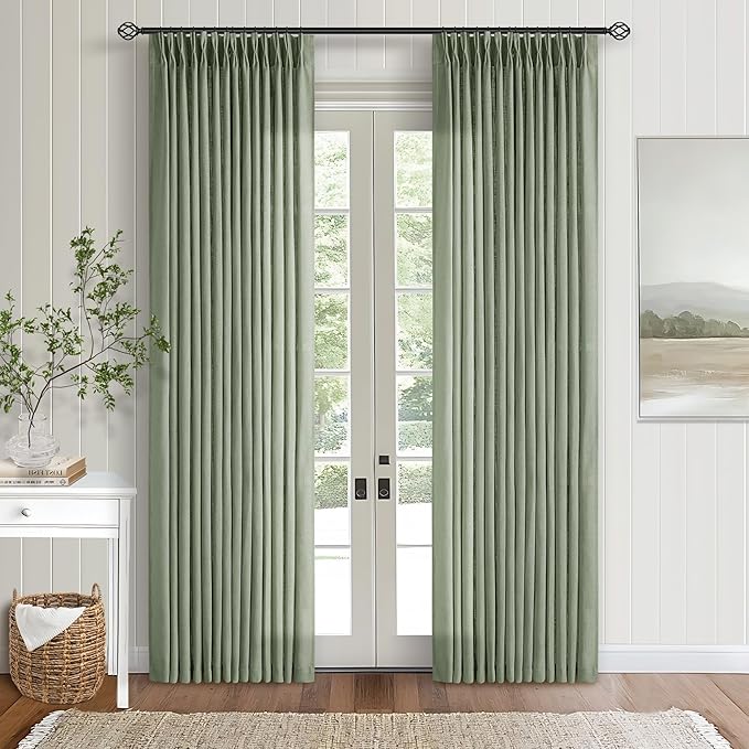 Sage Green Pinch Pleat Semi Sheer Linen Curtains 108 Inches Long 2 Panels | for Living Room Window, Farmhouse Boho, 400GSM Linen Textured, Pinch Pleated with Hooks Rings, Memory Shape, Light Filtering