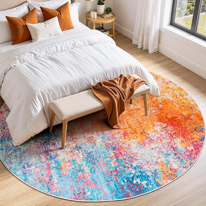 Rugflix Round Area Rugs 8Ft for Living Room, Washable Colorful Circle Rug | Machine Washable; Stain-resistant; Low Pile; Non-slip; Modern Abstract; Carpet for Bedroom Dining Office Nursery Home