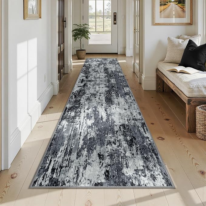 RELEANY Washable Area Rugs 2'6"x12 Non-Slip Modern Abstract Soft for Living Room Entryway Bedroom Kitchen, Print Pattern, Black Navy Blue Gray