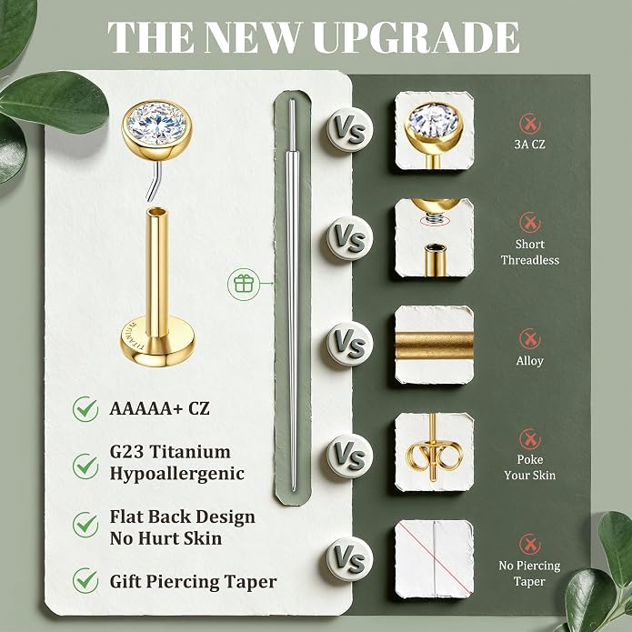 GEMQUEEN 4 Pairs 16G/18G/20G G23 Titanium Implant Grade Nose Studs Threadless Flat Back Earrings Hypoallergenic Flatback 5A CZ Cartilage Helix Tragus Conch Tiny Lip Piercing Jewelry for Women Men