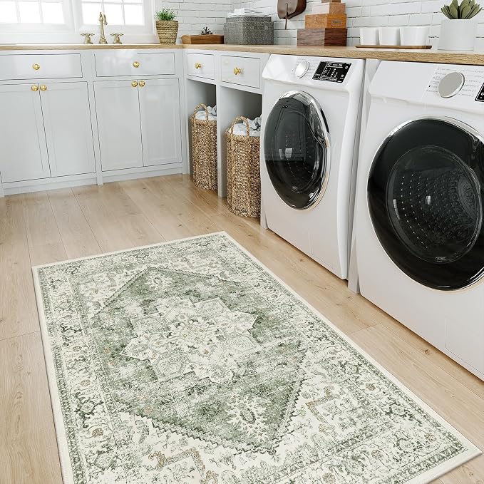 LIVEBOX Sage Washable Vintage Area Rug 3x5 Non-Slip | Low-pile design, machine washable, distressed print, perfect for entryway, bedroom, kitchen, foyer and laundry room