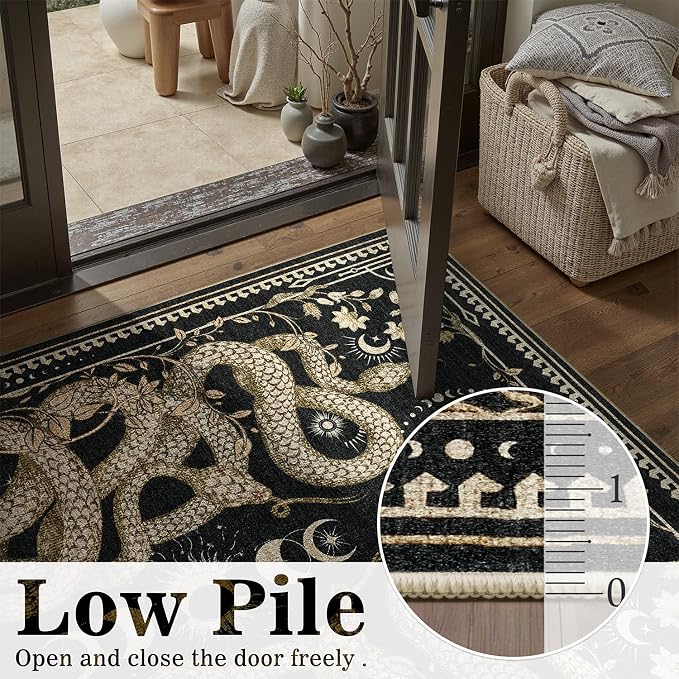 DCX Washable 2x6 Snake Runner Rug, Black Gothic Rug for Living Room, Soft Low Pile Carpet, Kid & Pet Friendly with Rubber Back Non Slip, Stain Resistant Rug for Bedroom Dining Room Office